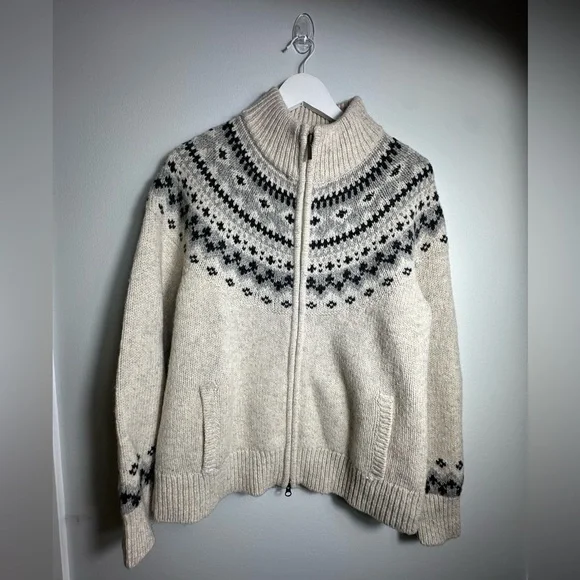 NWT L.L. Bean Fair Isle Classic Rag Wool Grandmacore Zip Cardigan Size Large - Picture 7 of 16